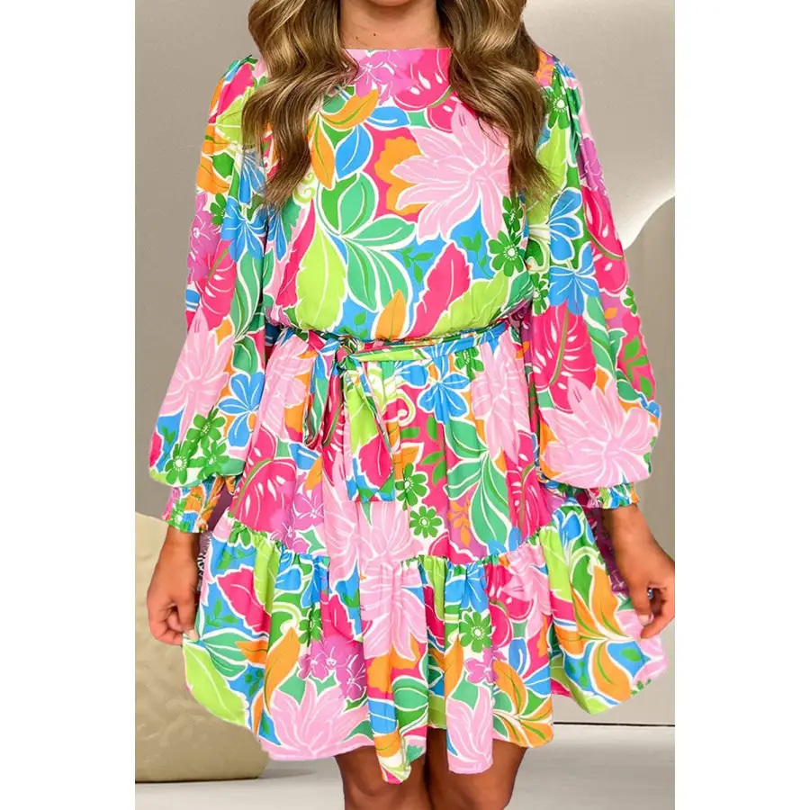 Tie Waist Lantern Sleeve Mini Dress