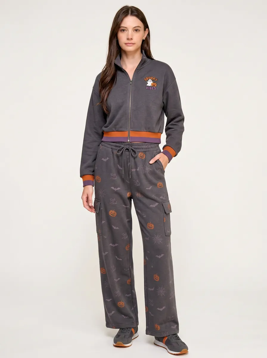 Women's Halloween Spooky Vibes Pumpkin Bat Printed Tracksuit