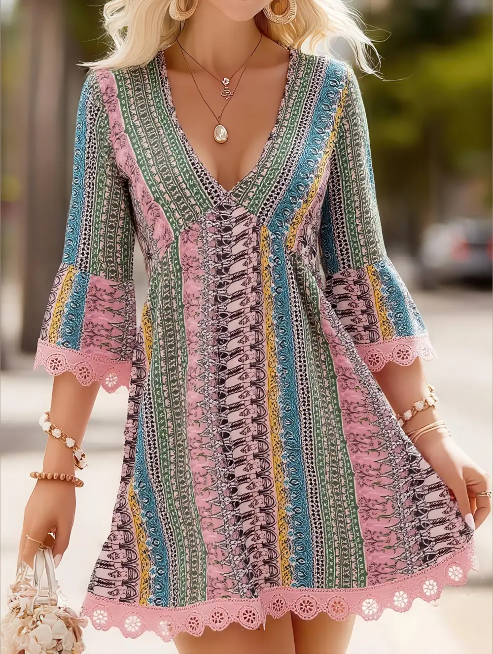 V Neck Print Loose Bohemian Mini Dress