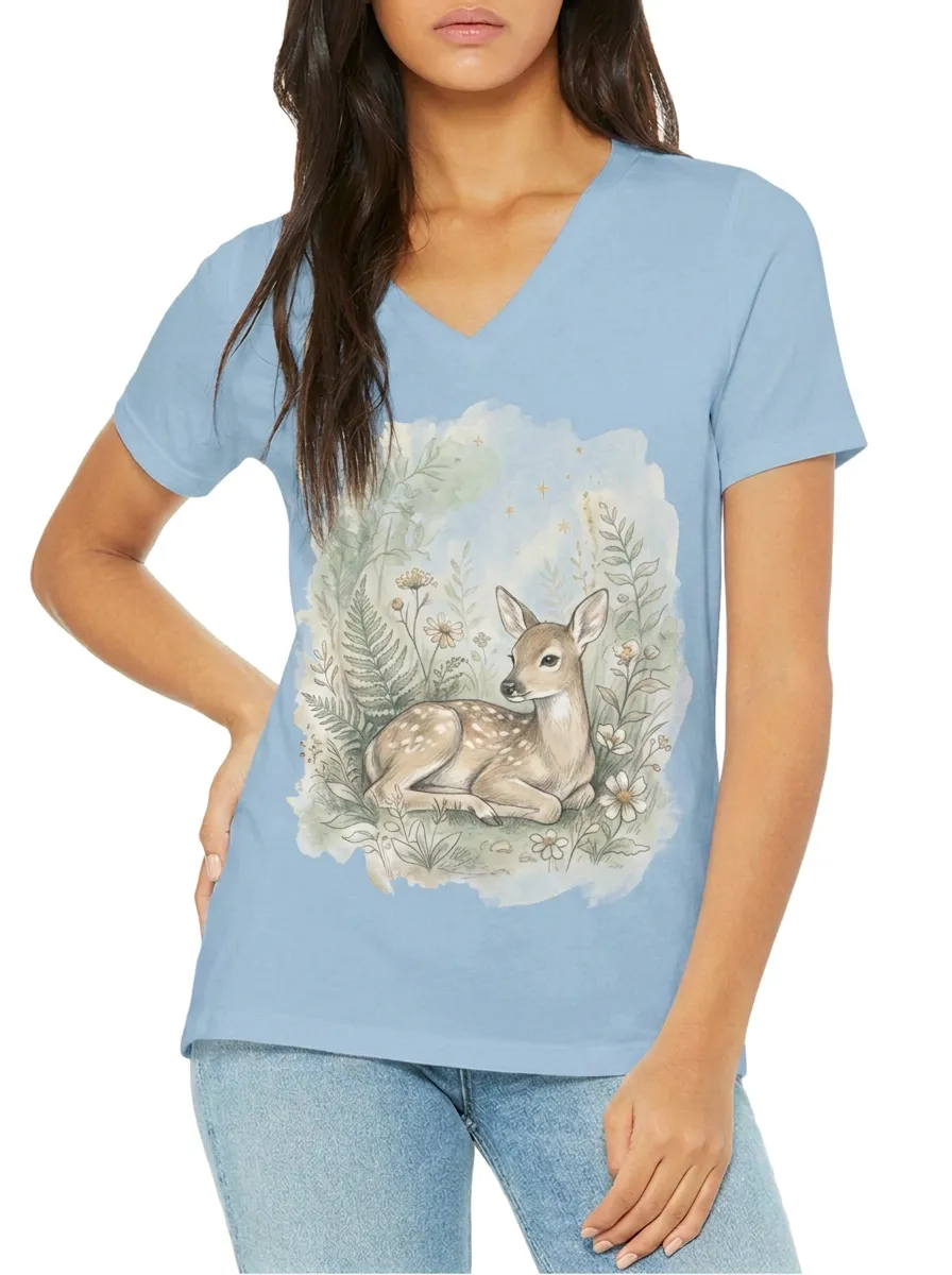Women's Nature Lover Woodland Fawn Watercolor Printed V-neck T-shirt