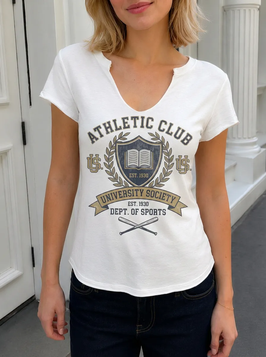 Women's Athletic Club University Society Printed V-Neck T-Shirt