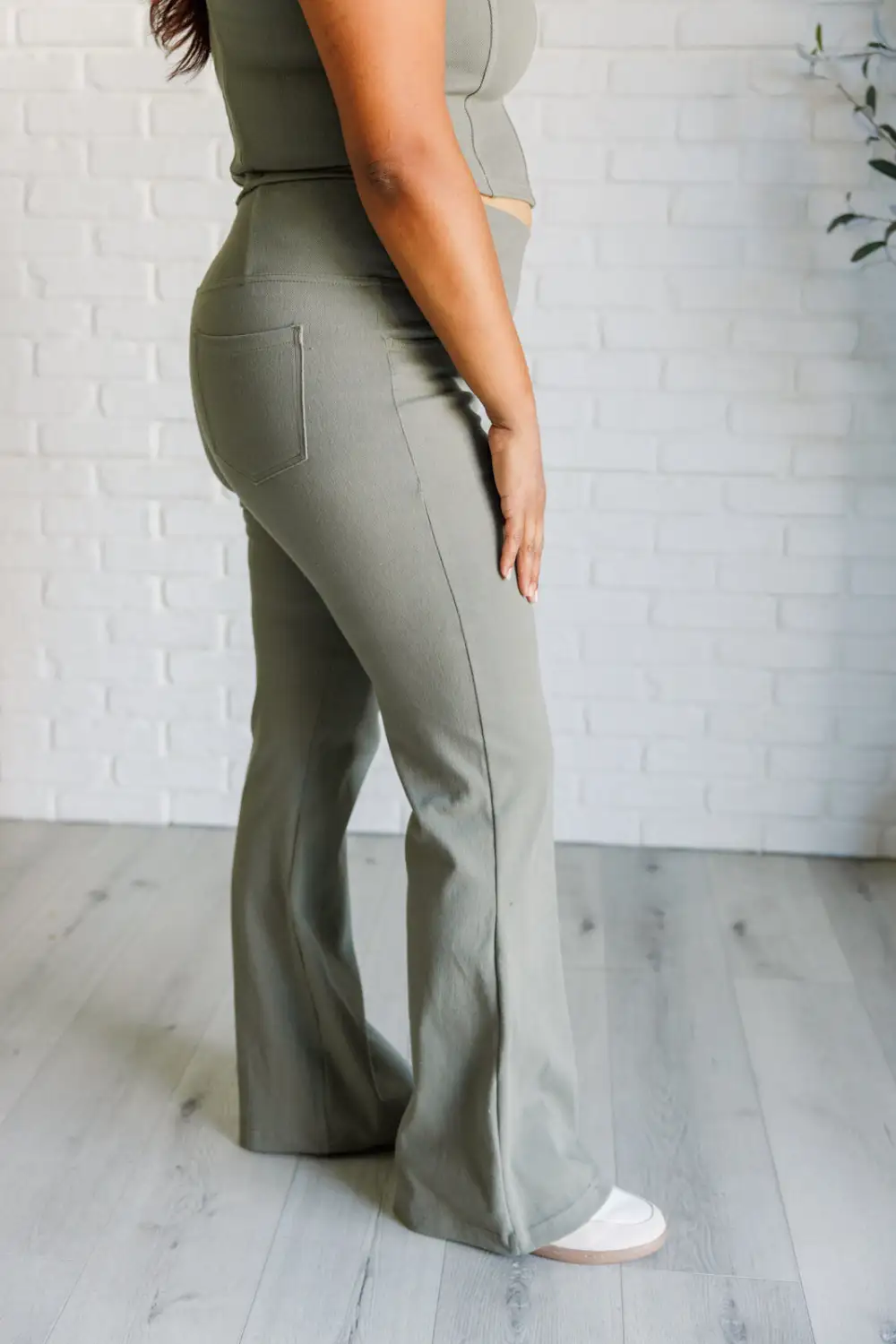 Relaxed Building Habits Twill Flared Crossover Waist Pants In