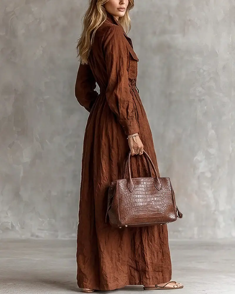 French Chic Zip-Up Lapel Maxi Dress With Cinched Waist