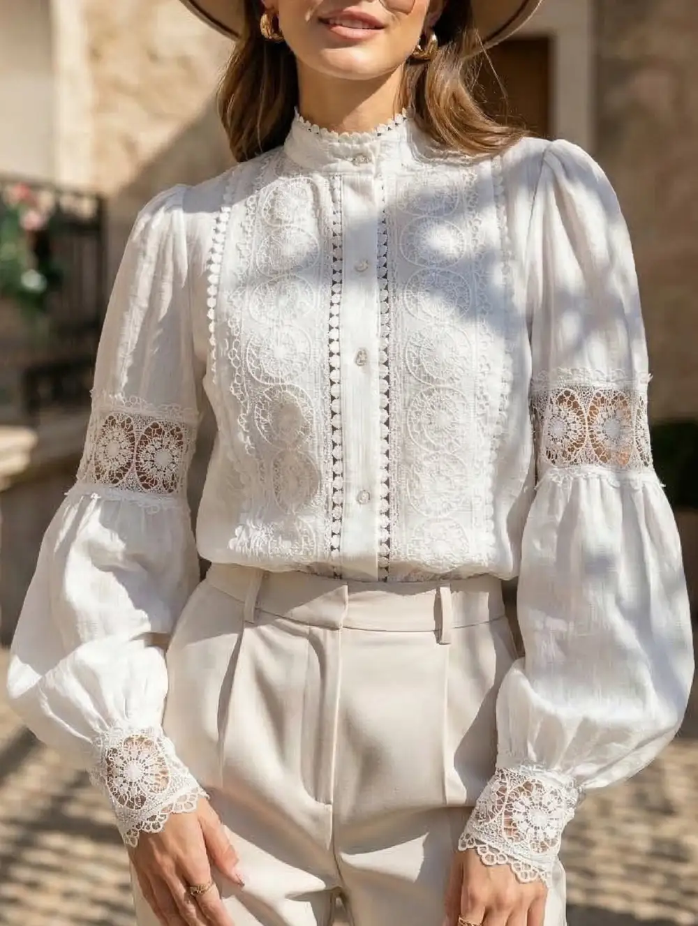 Lace Patch Lantern Sleeve Blouse