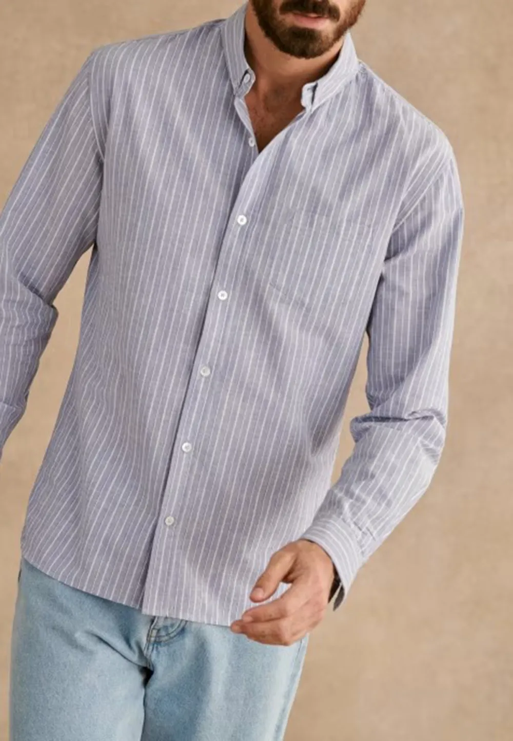 Light Blue White Thin Stripe Cotton Linen Blend Shirt