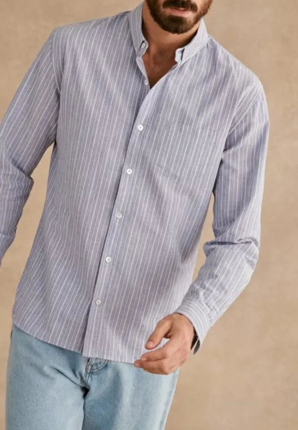 Light Blue White Thin Stripe Cotton Linen Blend Shirt