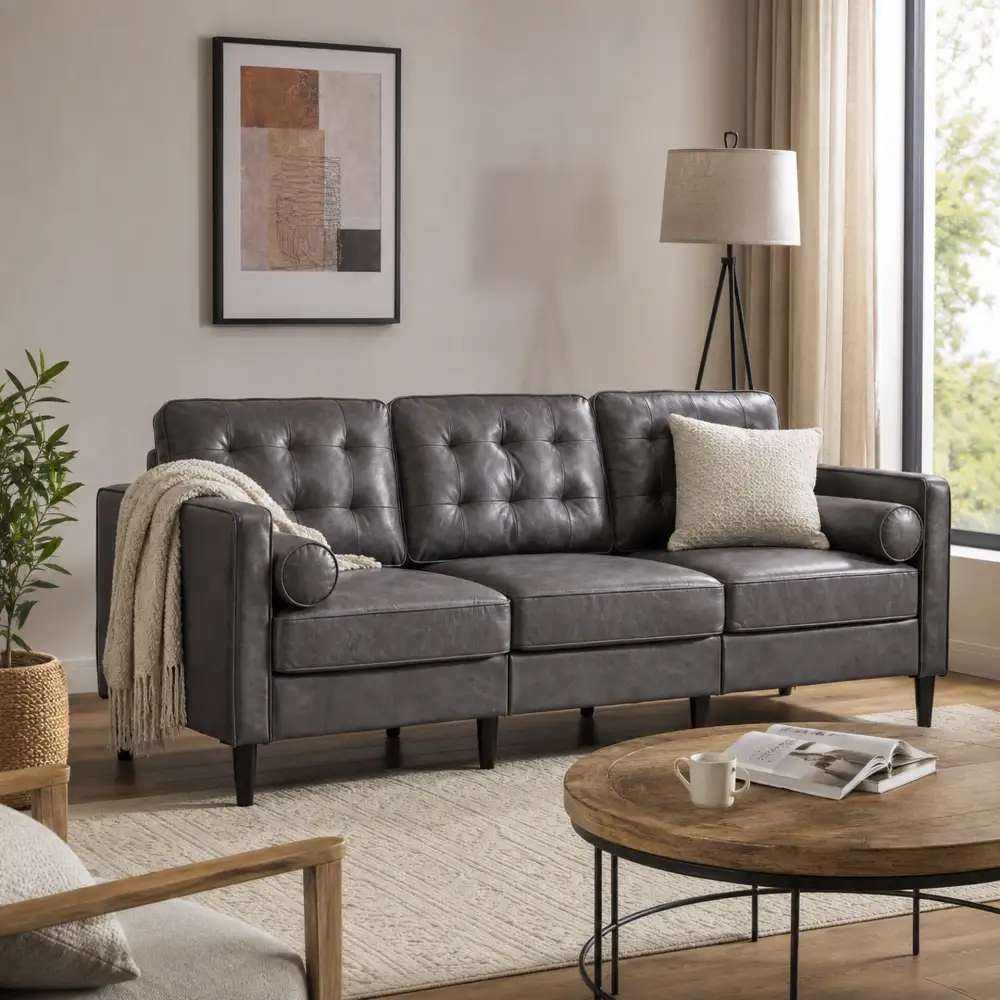 Tufted Tech Fabric Wooden Leg Sofa