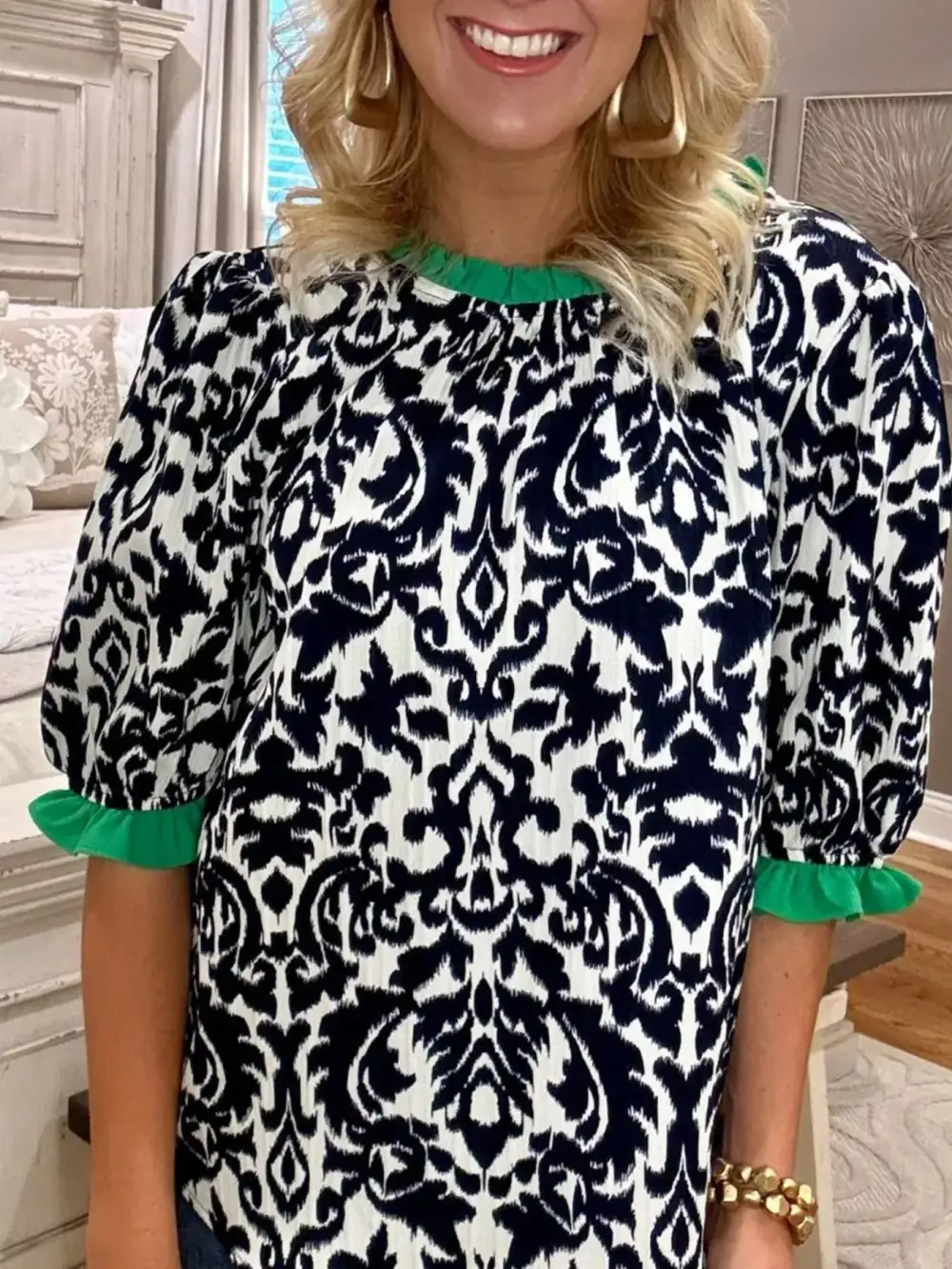 Damask Print Ruffled Block Detail Half Sleeve