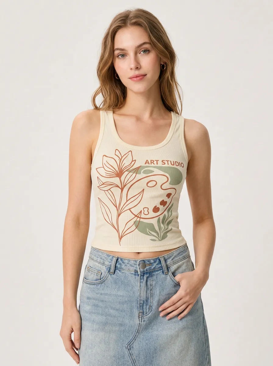 Women's Art Studio Painter Palette Floral Printed Ribbed Tank Top