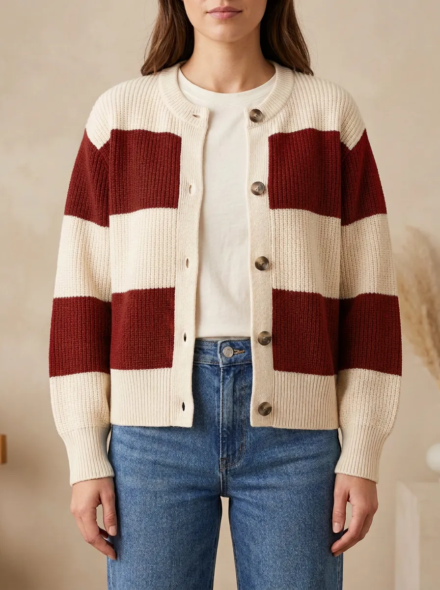 Retro Sport Distinctive Rugby Striped Knit Cardigan