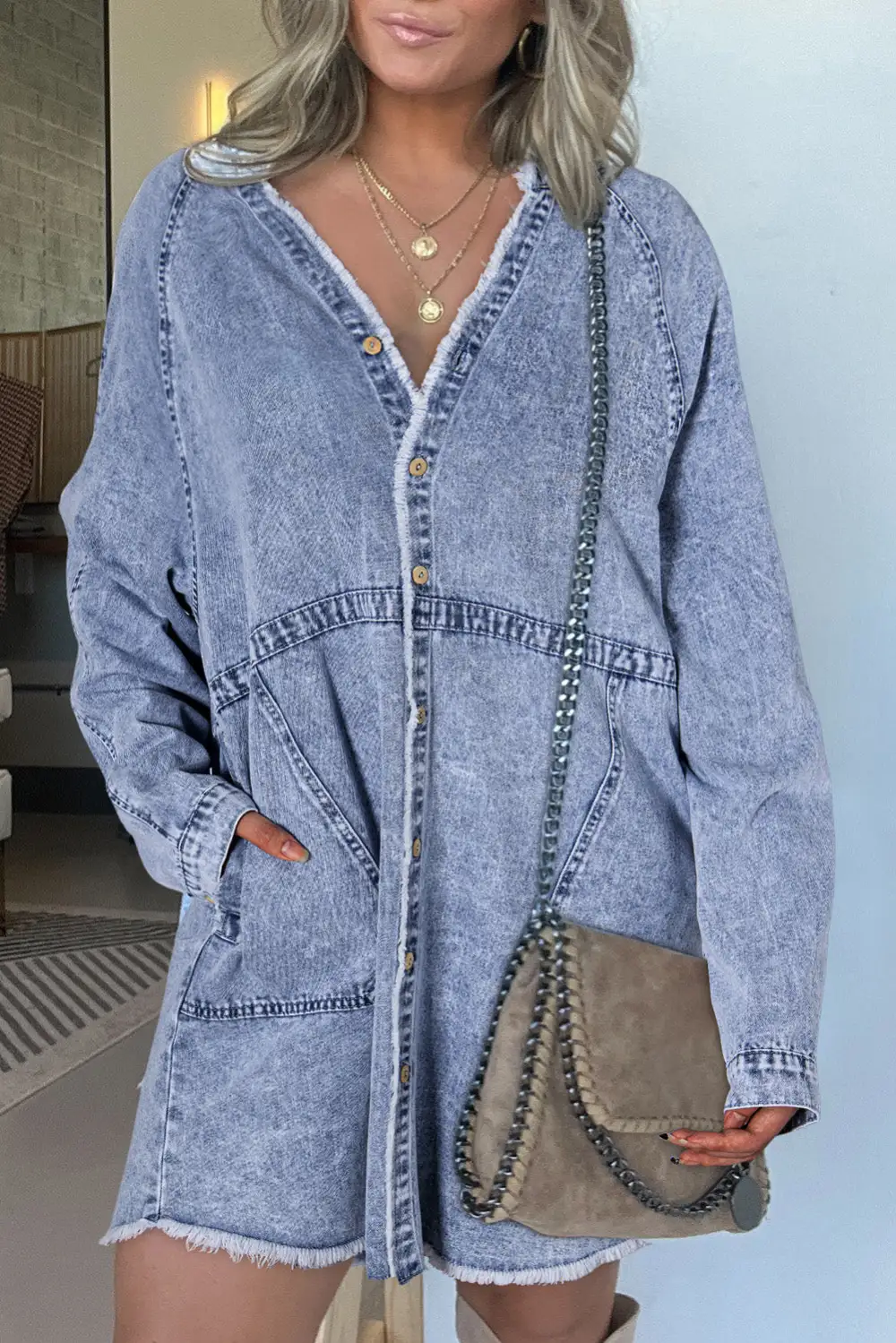 Denim Look Button Front Pocket Detail Mini Dress