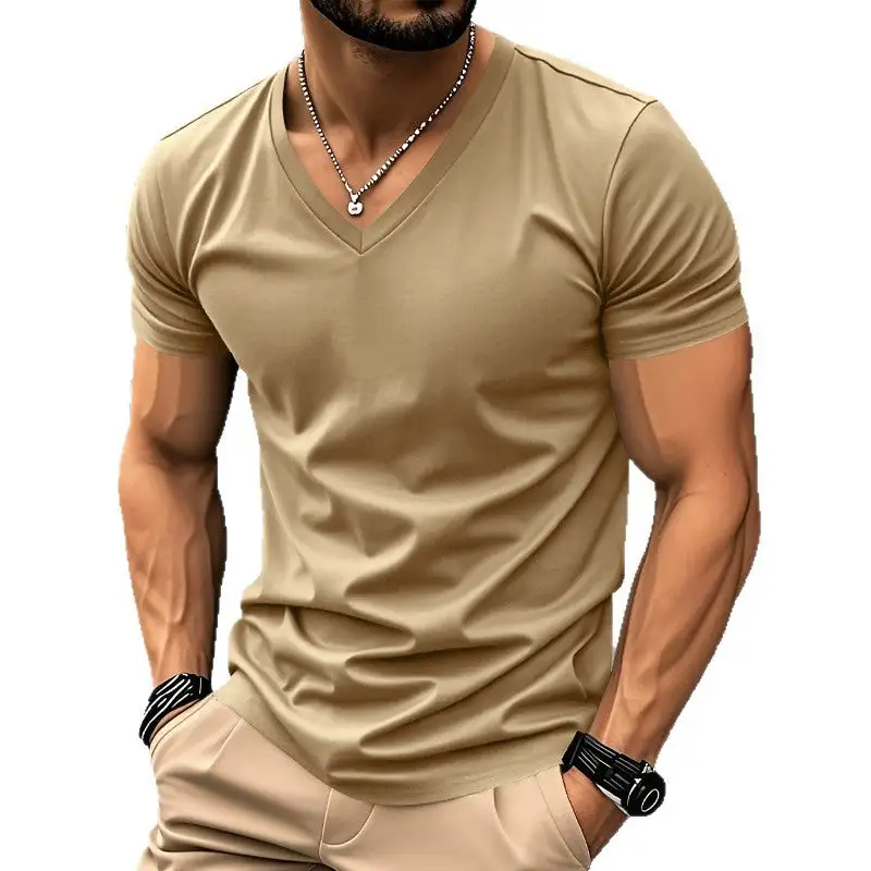Men's Classic V-Neck T-Shirt Fine Cotton Jersey With Reinforced Neckband And Double Stitching