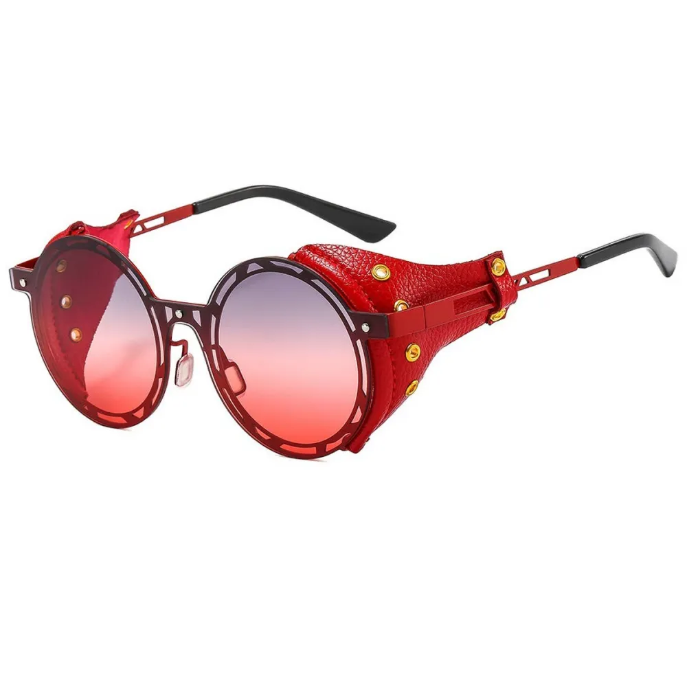 Metal Leather Round Sunglasses
