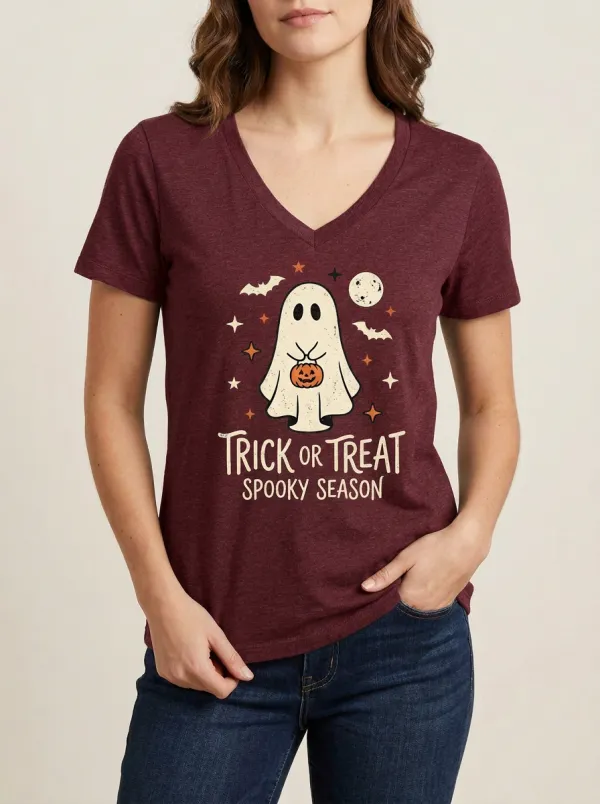 Women's Halloween Ghost Pumpkin Trick Or Treat Printed V-neck T-shirt