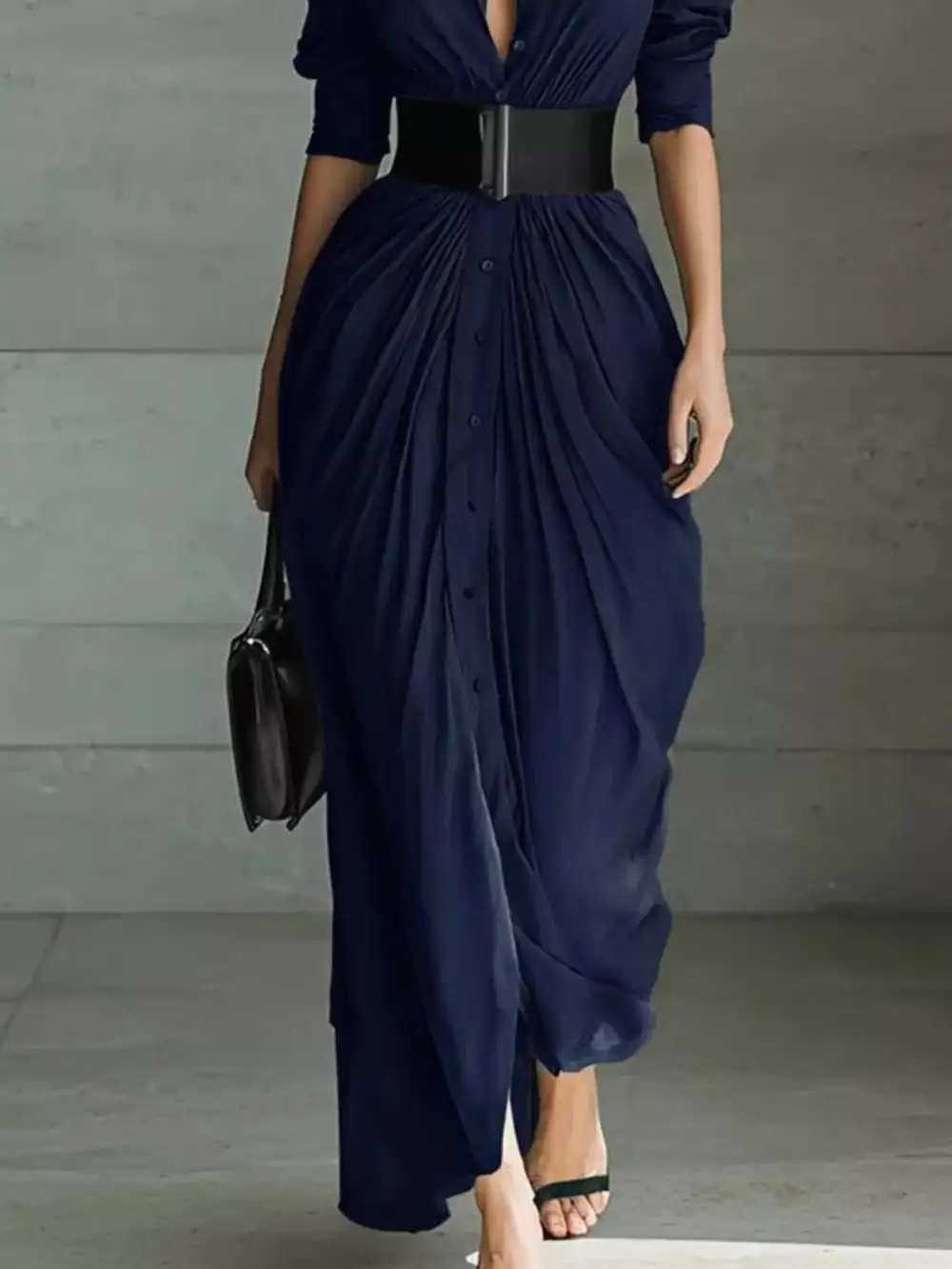 Full Size Button Front Ruched Shirt Maxi Dress Plus Size