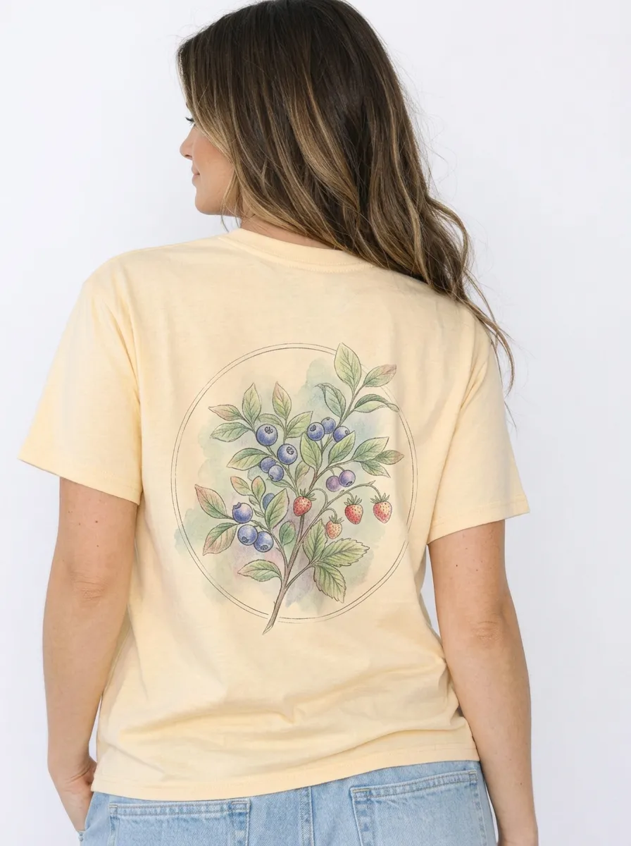 Women's Nature Lover Blueberry Strawberry Botanical Printed T-shirt