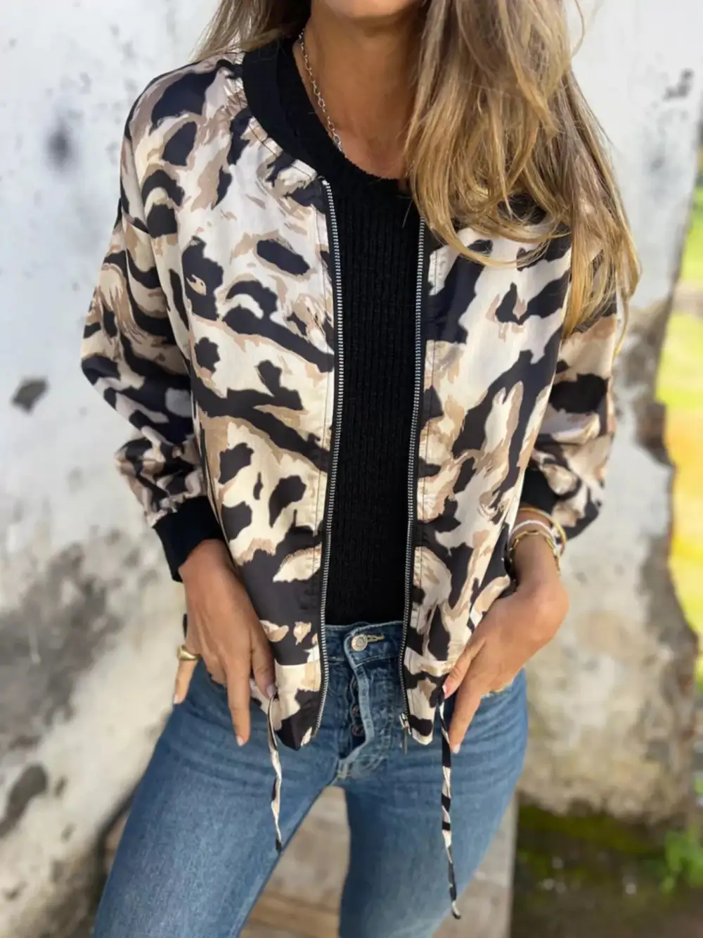 Zip Up Zebra Print Bomber Jacket