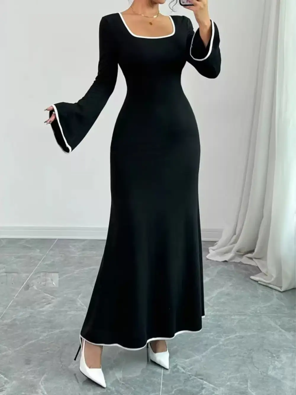 Relaxed Square Neck Flare Sleeve Maxi Dress