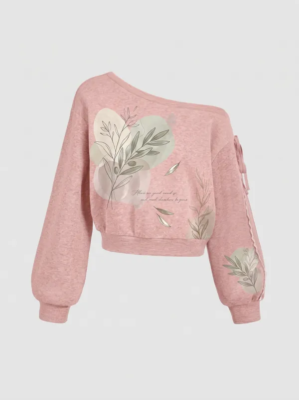 Women's Botanical Art Abstract Olive Branch Printed One-Shoulder Sweatshirt