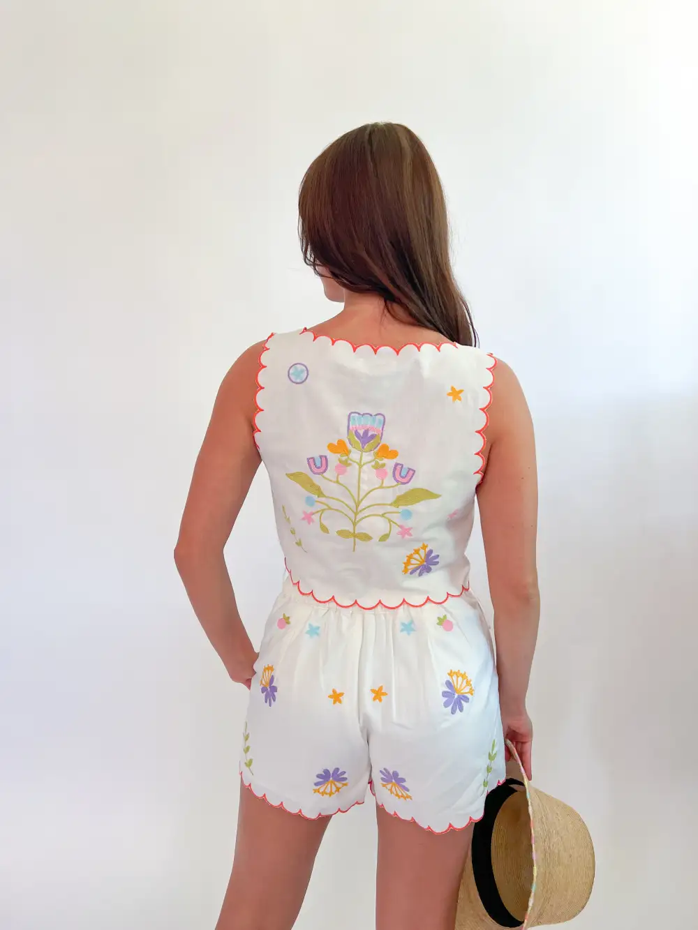 Embroidered Top And Shorts Set Button Detail