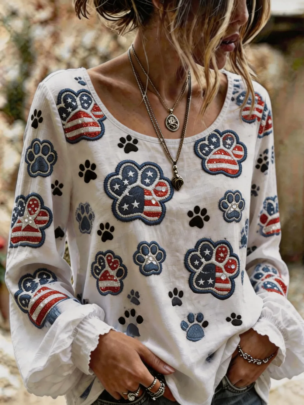 Women'S Paw Print Pattern Cotton Linen Casual Top