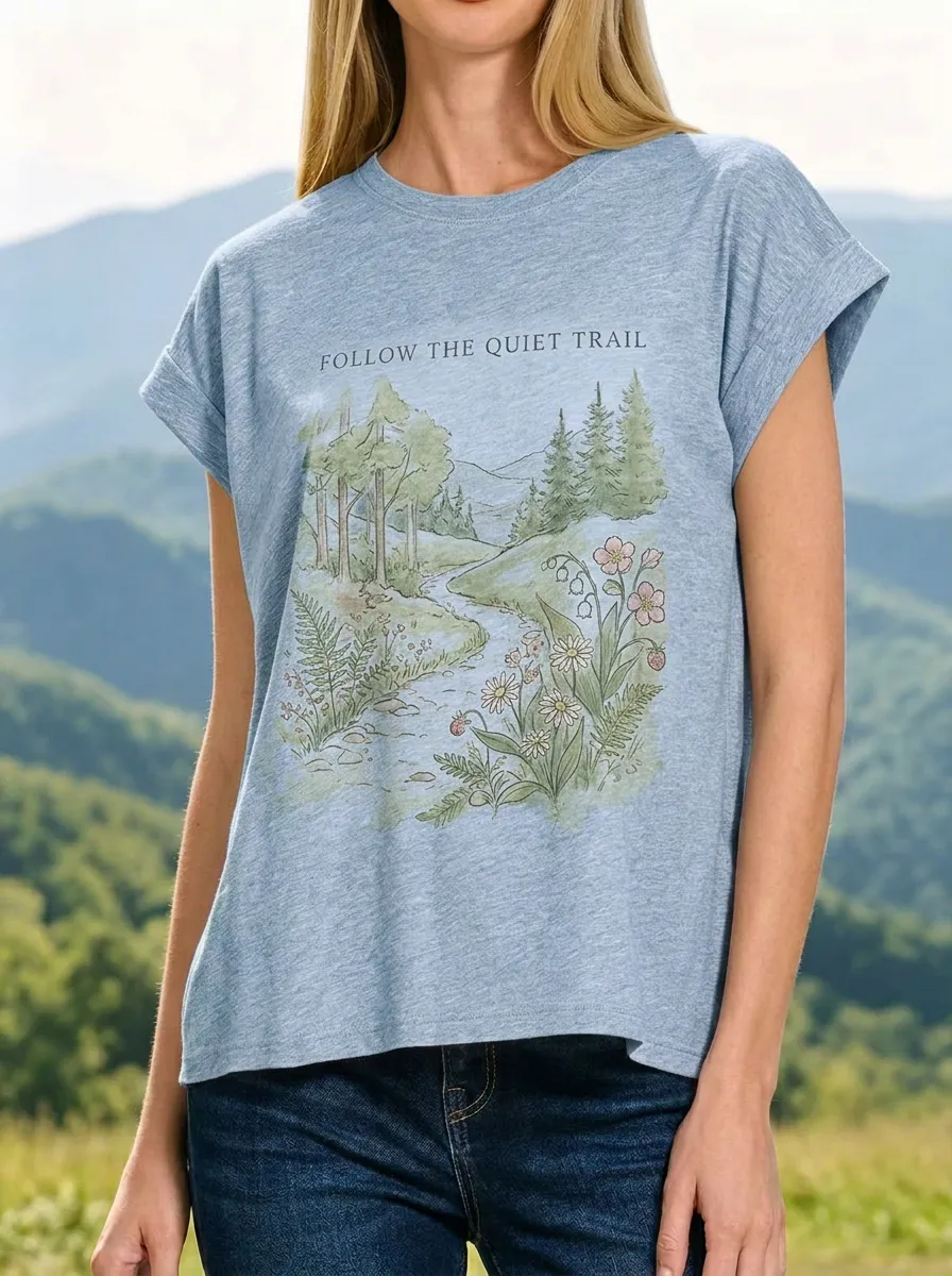 Women's Nature Lover Forest Trail Wildflower Printed T-shirt