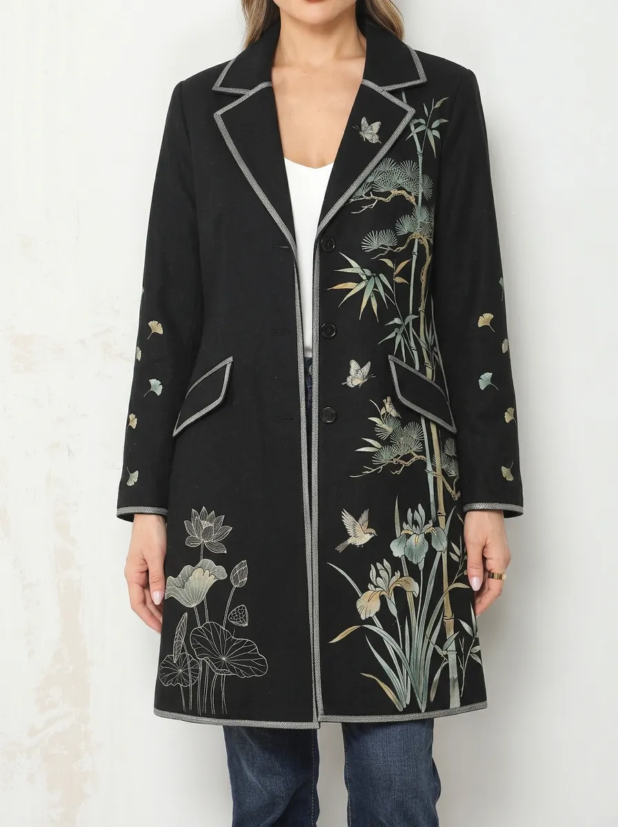 Women's Oriental Nature Botanical Butterfly Printed Blazer Coat