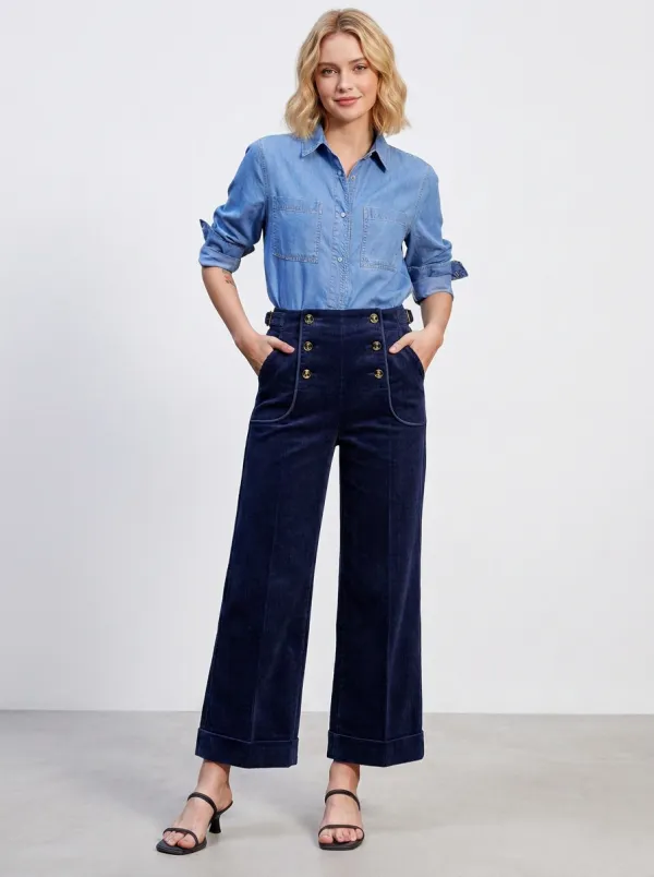 Women's Vintage Sailor Navy Corduroy Buttoned Wide Leg Pants