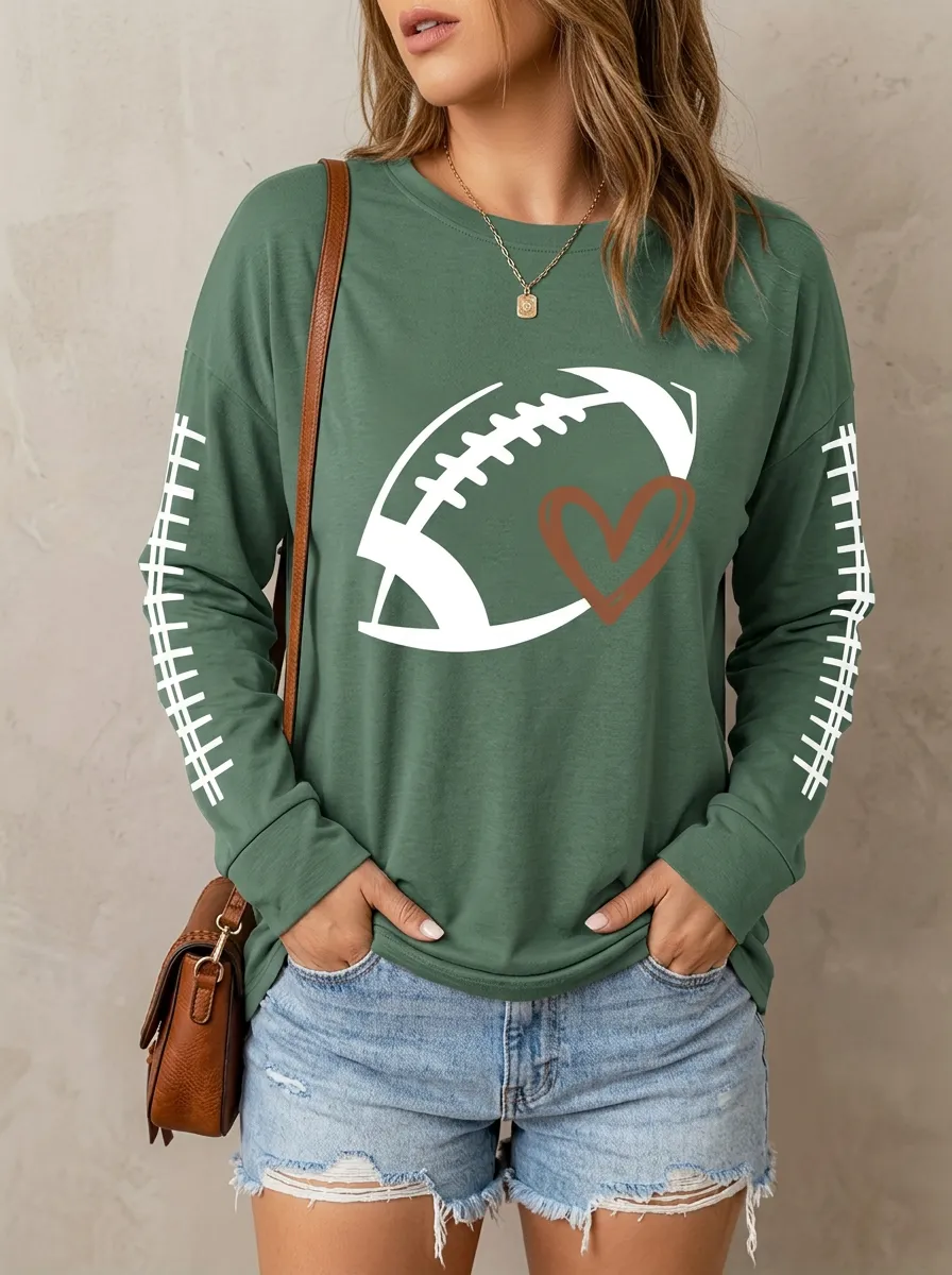Women's Distinctive Gridiron Heart Ball Love Crewneck Long Sleeve T-Shirt