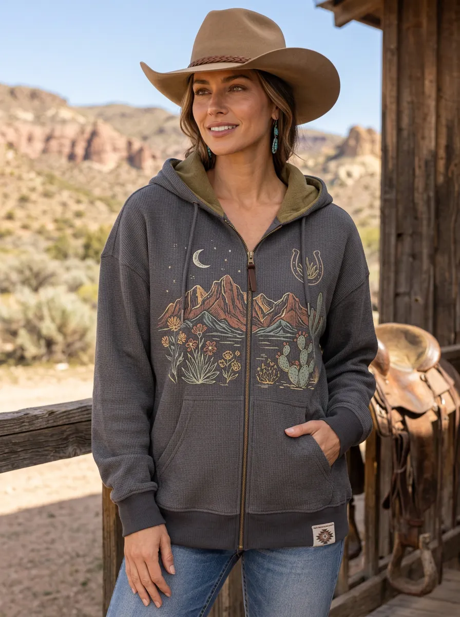 Women's Western Desert Mountain Cactus Printed Zip-up Hoodie
