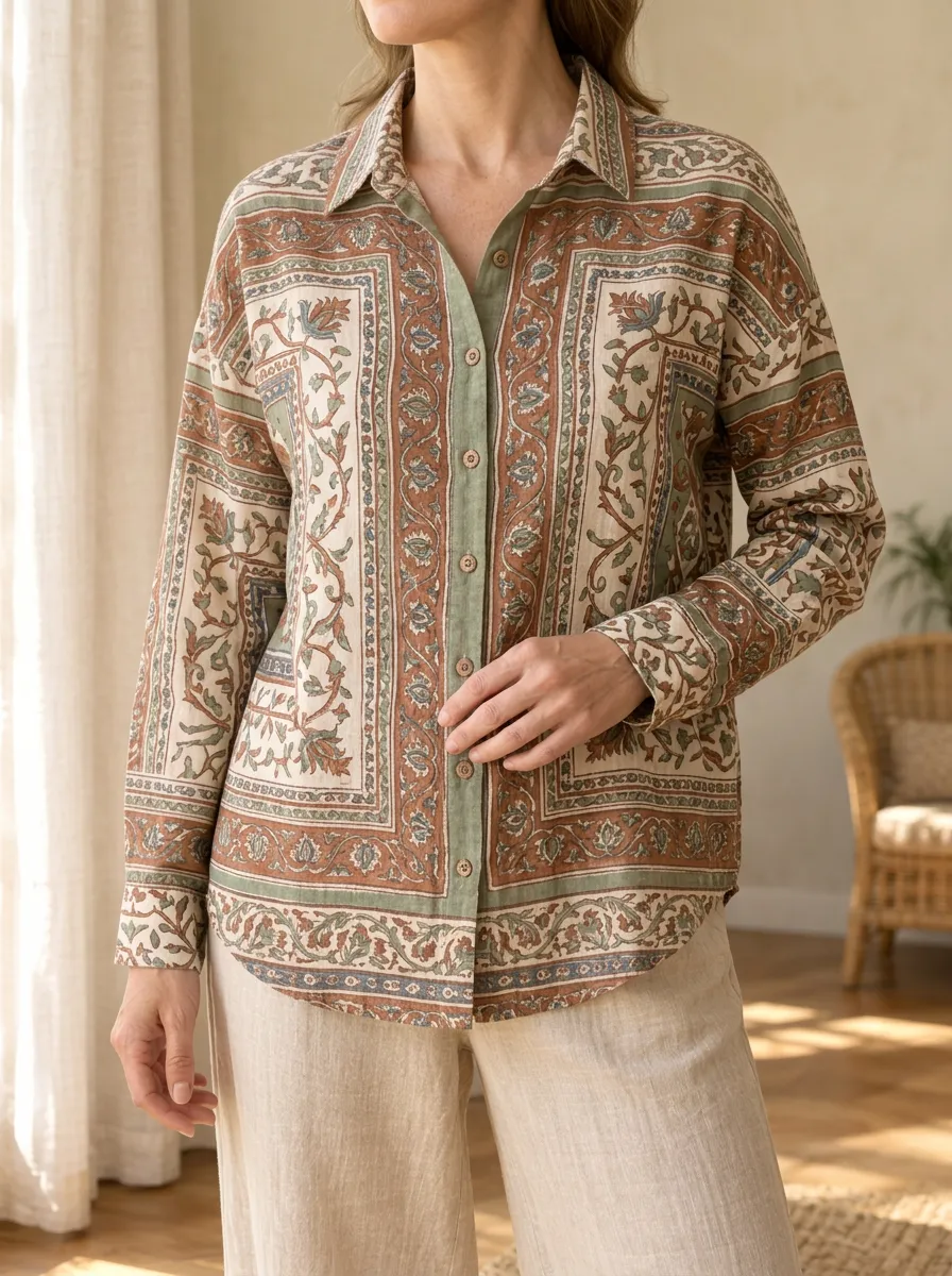 Women's Vintage Floral Paisley Printed Shirt
