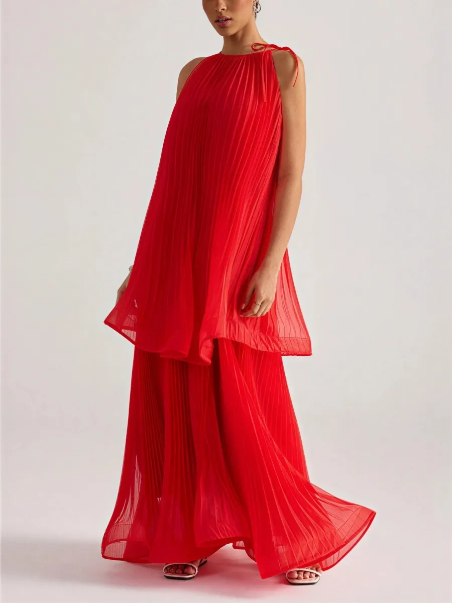 Elara Pleated Halter Two-Piece Chiffon Maxi Set In Red