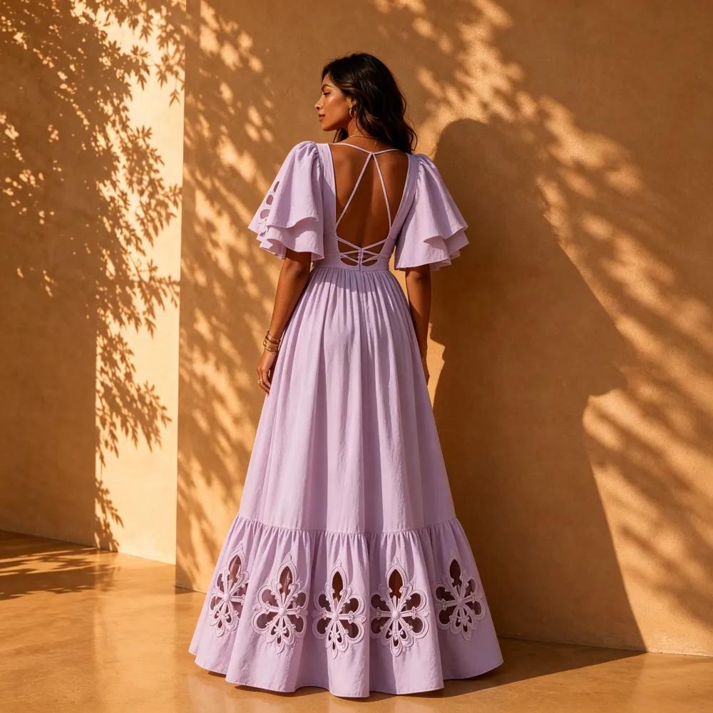 Elara Lavender Cut-Out Flutter Sleeve Maxi Dress
