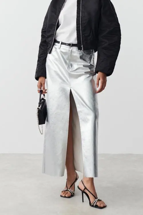 Metallic Maxi Slit Skirt