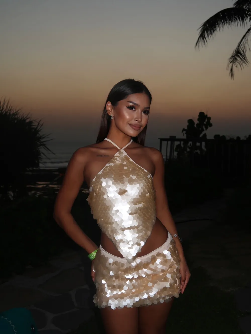 Sienna Paillette Halter Two Piece Mini Skirt Set in Gold