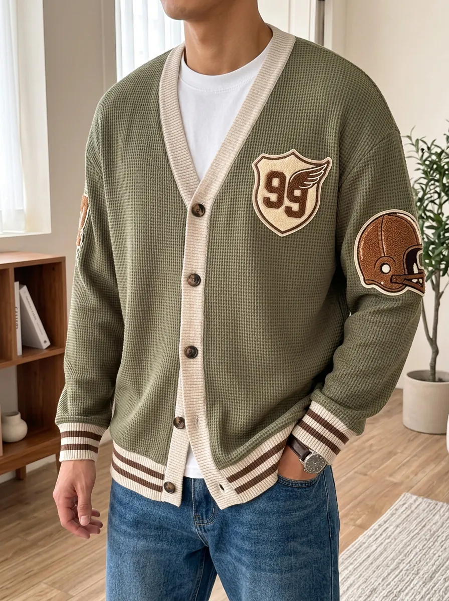 Men's Football Fan 99 Helmet Patch Waffle Knit Cardigan