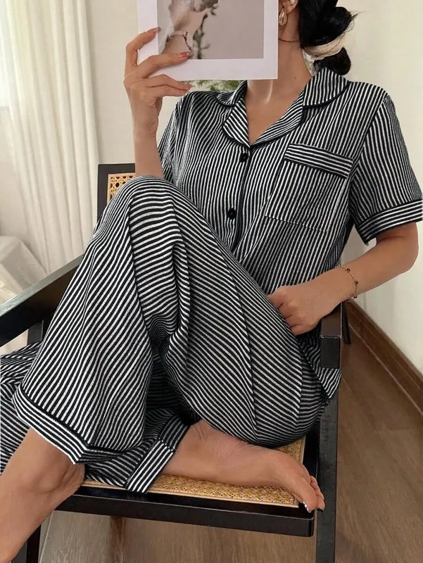 Black White Short Sleeve Shorts Collared Pajama Set