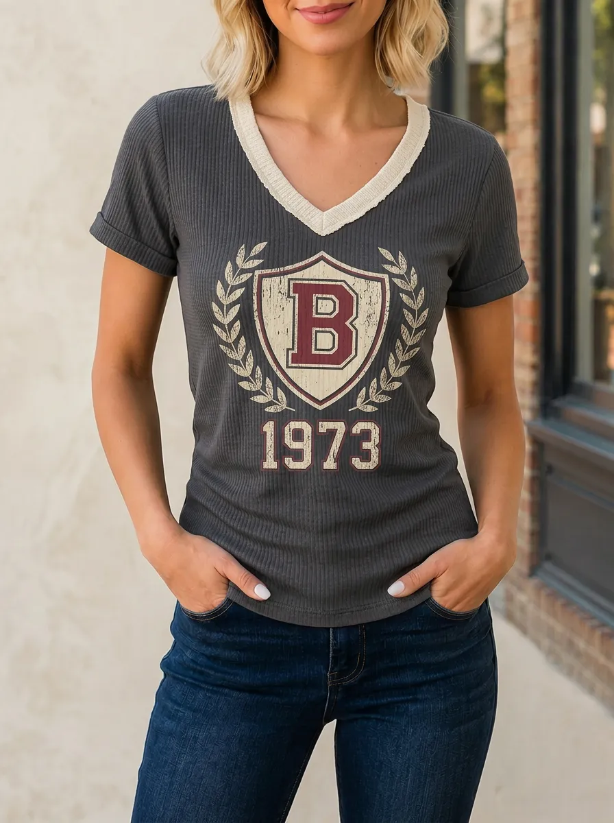 Women's Vintage B 1973 Shield Laurel Printed Ribbed V-Neck T-Shirt