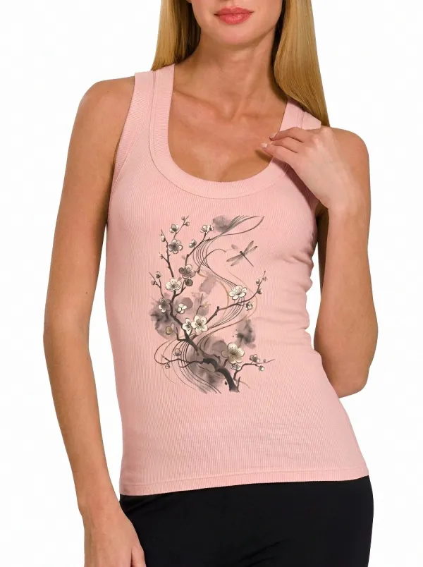 Women's Zen Nature Cherry Blossom Dragonfly Printed Tank Top
