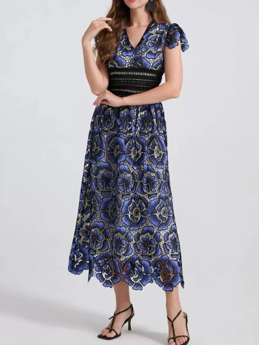V-Neck Ruffle Sleeve Midi Dress