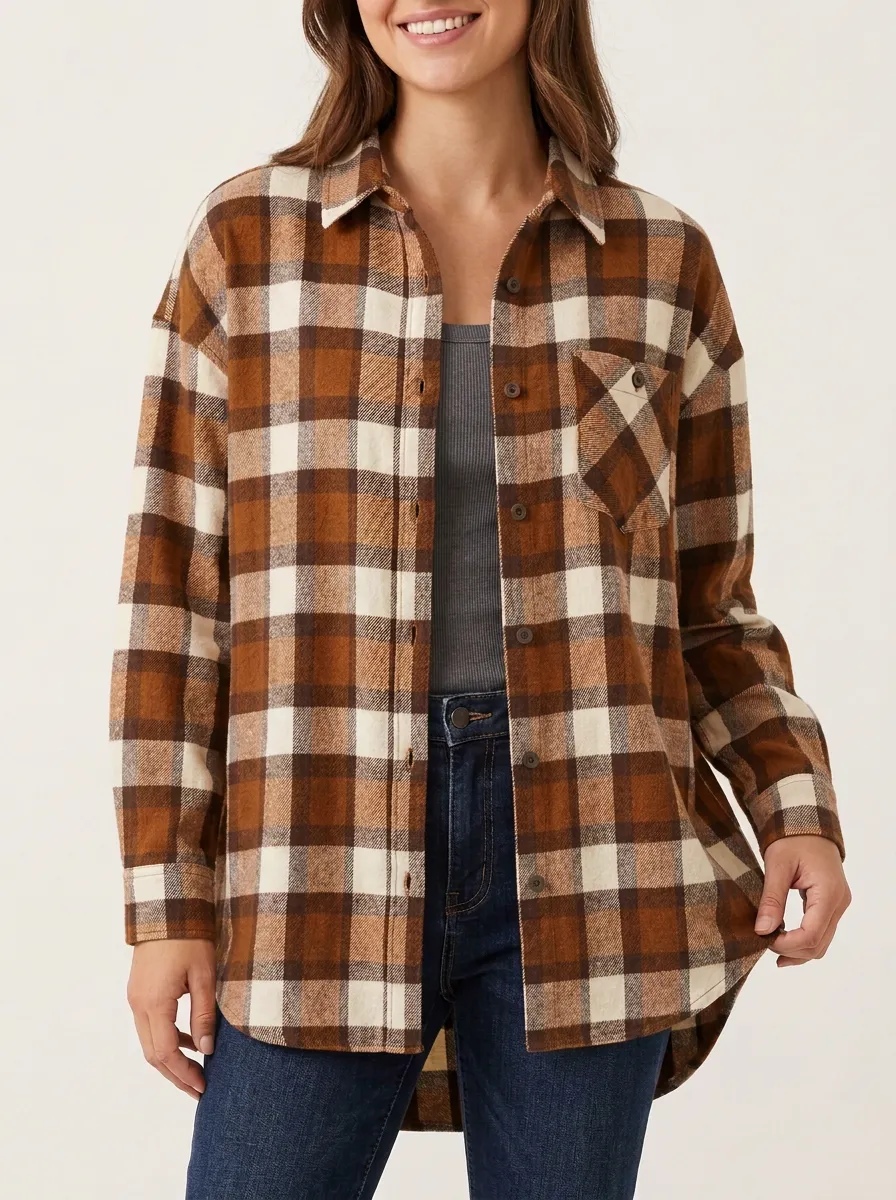 Soft Printed Plaid Checkered Plaid Long-Sleeve Shirt