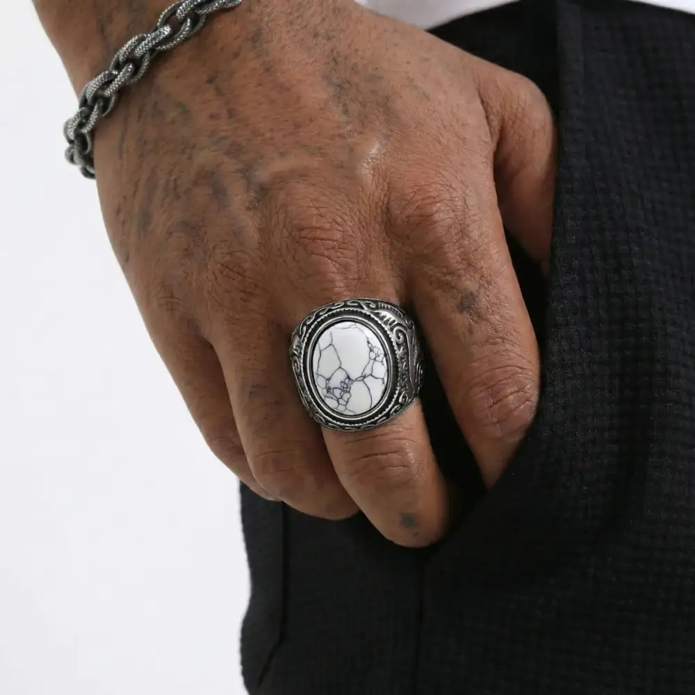 Men's Vintage Scrollwork Howlite Signet Ring