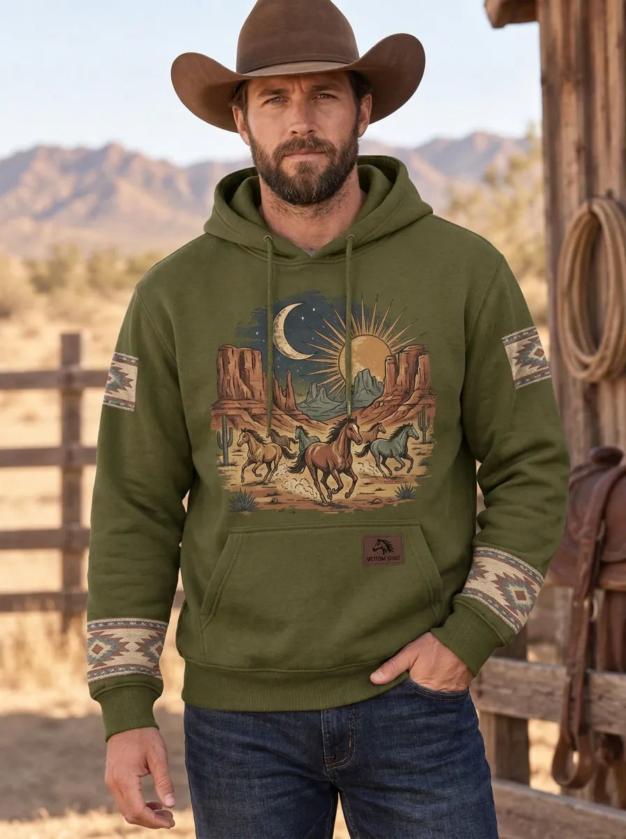Men's Western Cowboy Horse Desert Moon Graphic Hoodie