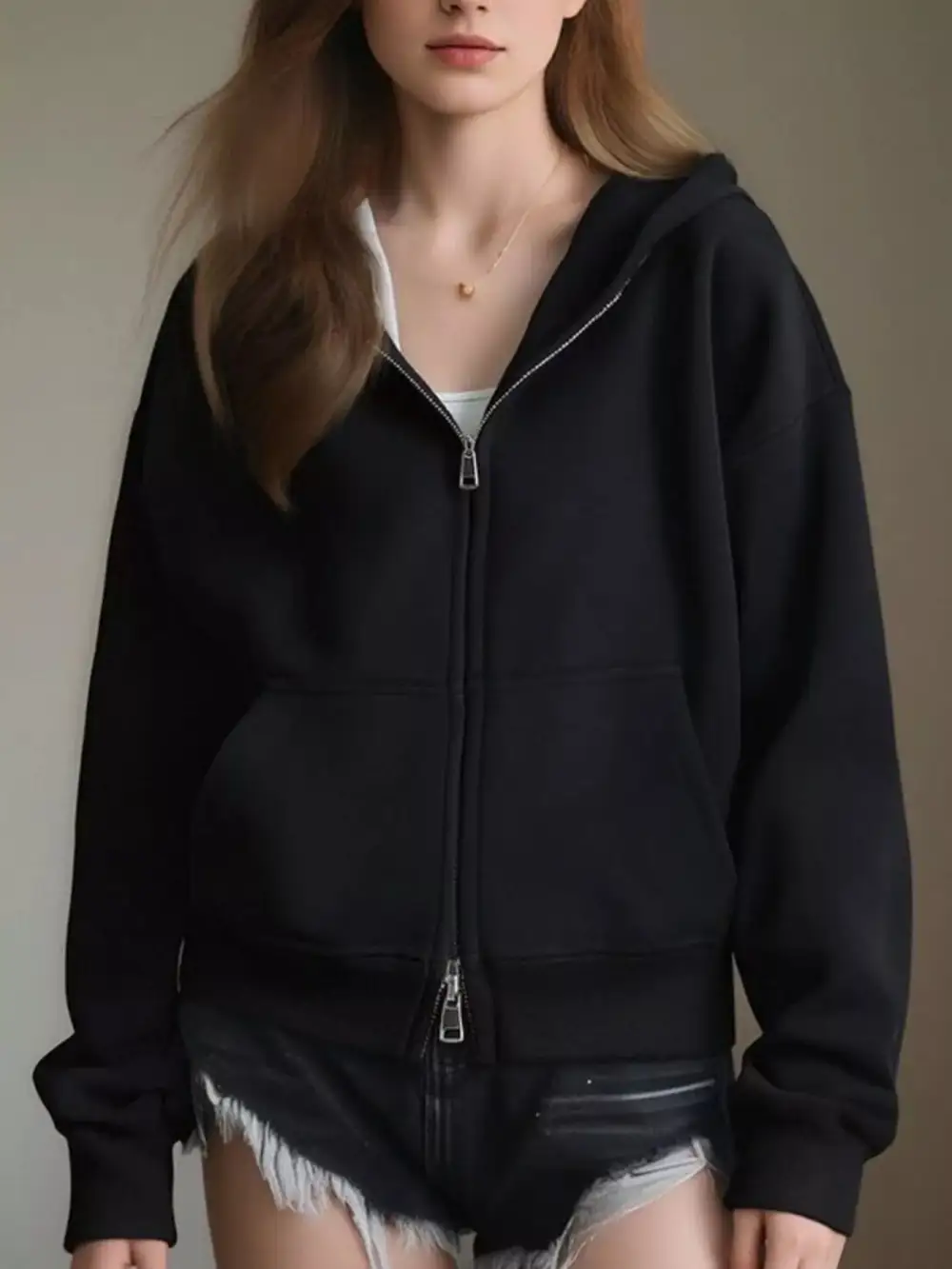 Zip-Detail Pocketed Long-Sleeve Hoodie