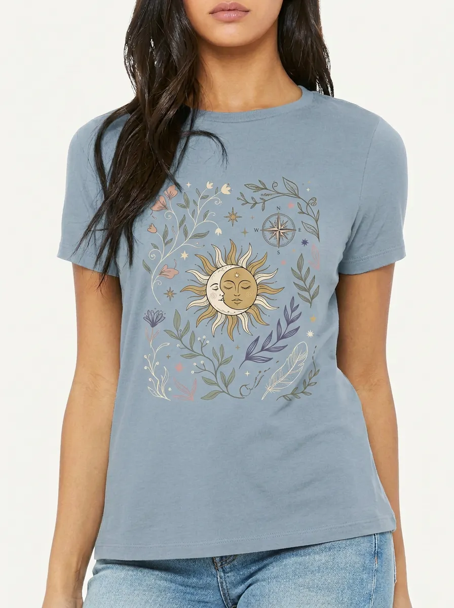 Women's Celestial Boho Sun Moon Floral Printed T-shirt