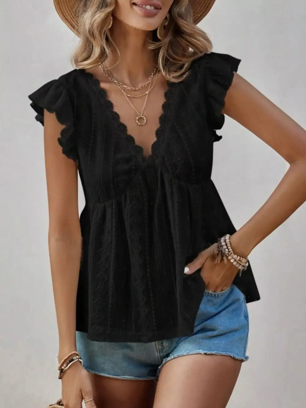 Ruffle Sleeve V Neck Blouse