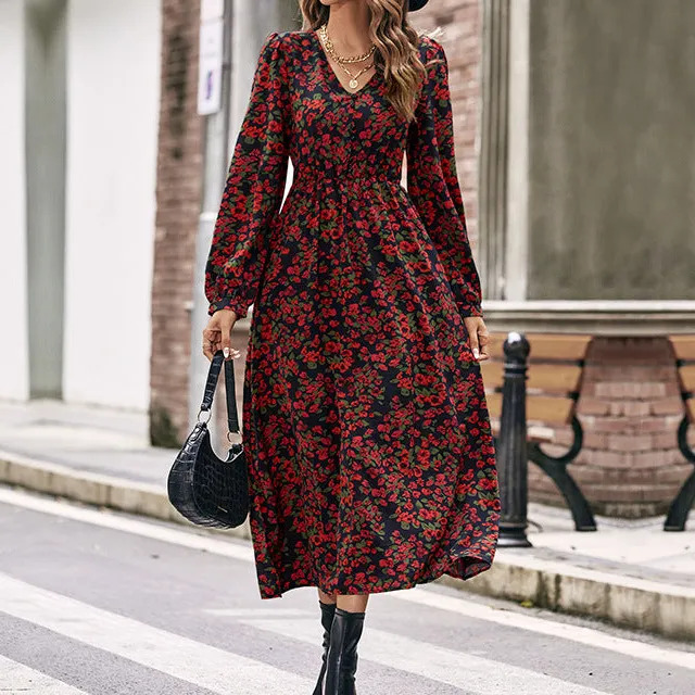 Women's A-Line V-Neck Floral Ruffled Maxi Dress