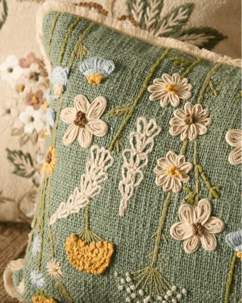 Artisan Detail Embroidered Floral Botanical Cotton Decorative Cushion Cover
