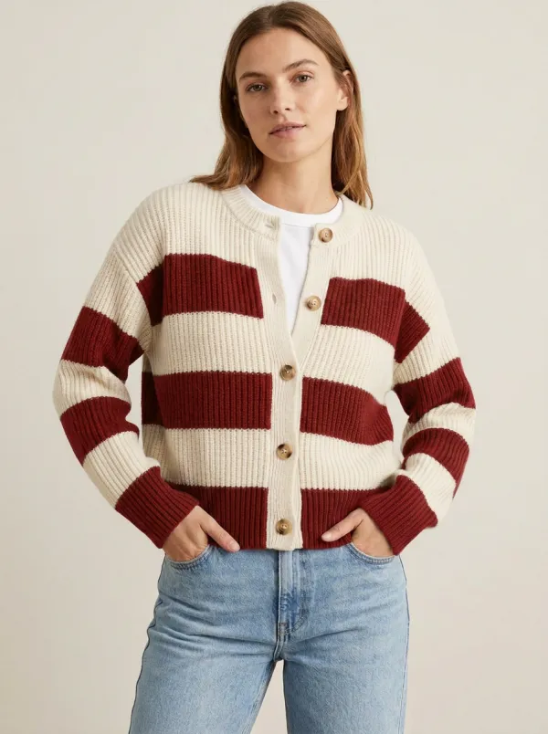 Waffle Knit Rugby Striped Knit Cardigan