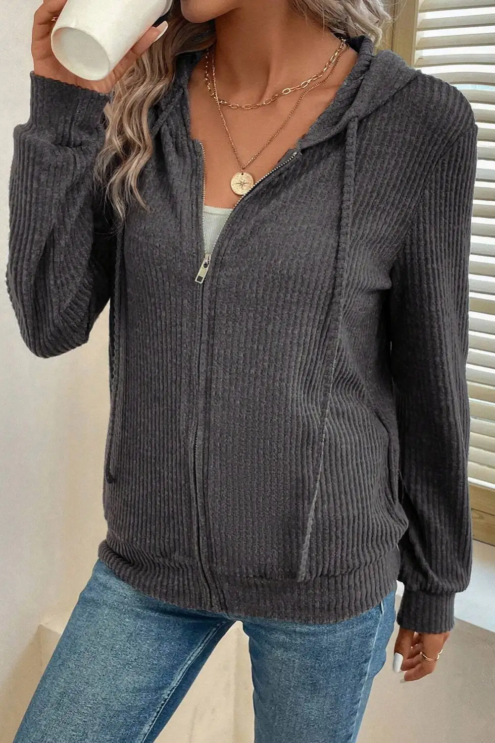 Drawstring Pocketed Ribbed Textured Hoodie